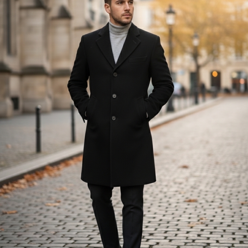 Bert Pulitzer Elegant Men's Black Trench Coat Wool Size R.40